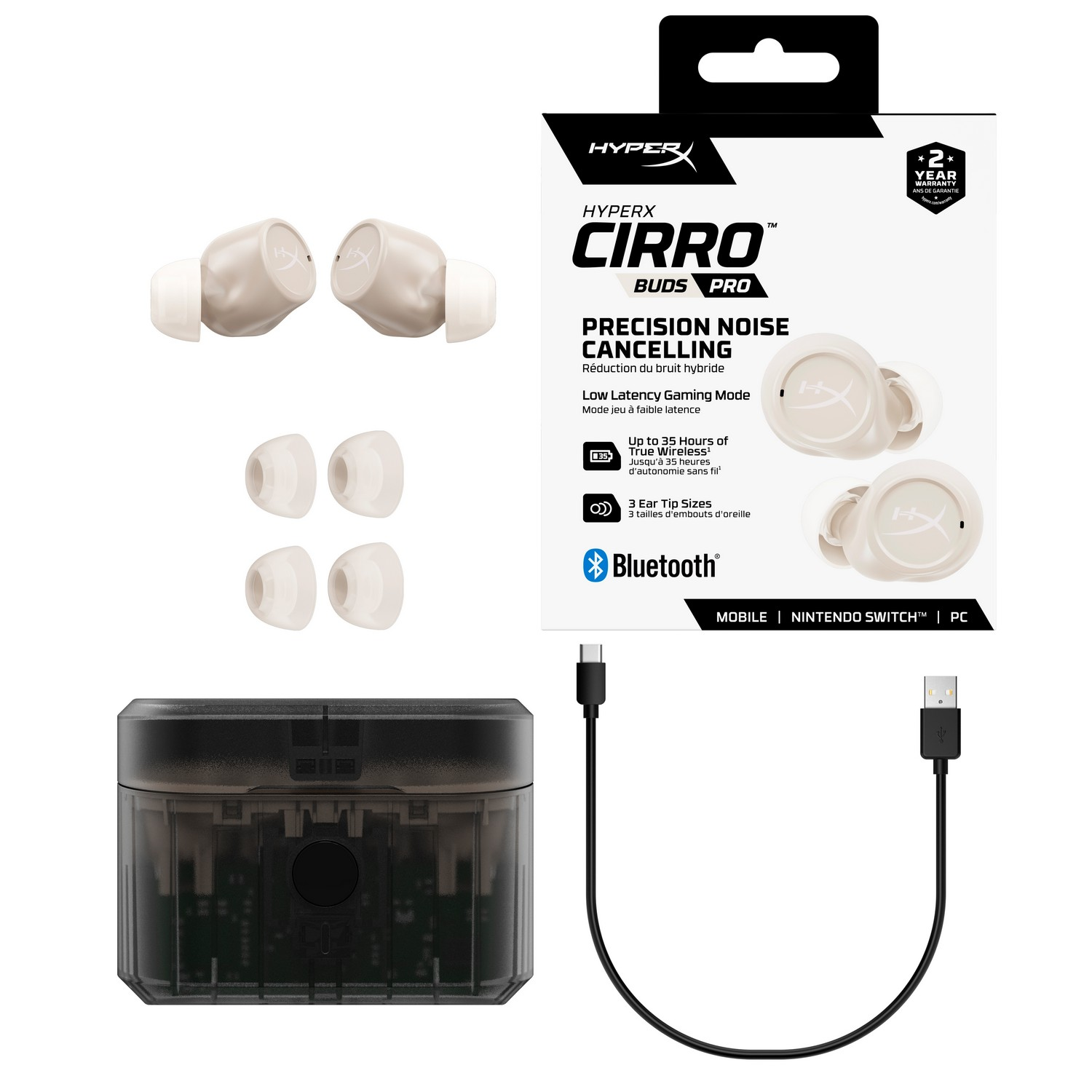 Emballage des HyperX Cirro Buds Pro. Écouteurs, embouts et un étui de chargement avec un câble USB.