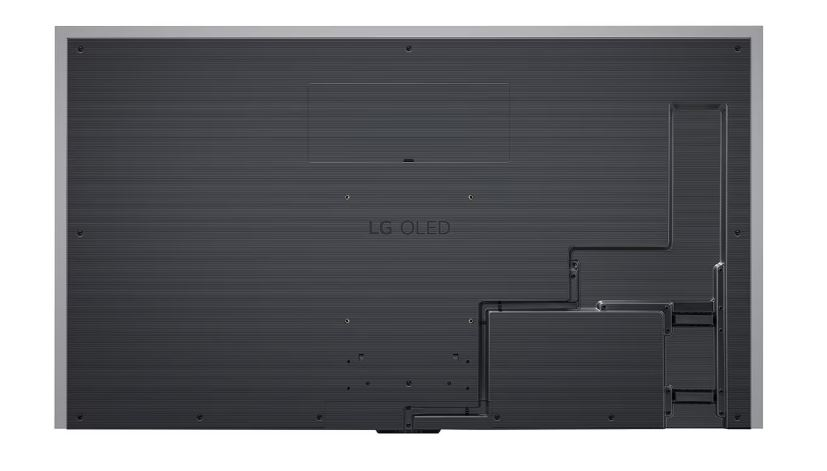 Gümüş çerçeveli ve çeşitli bağlantı noktalarına sahip siyah bir LG OLED televizyonun arka görünümü.