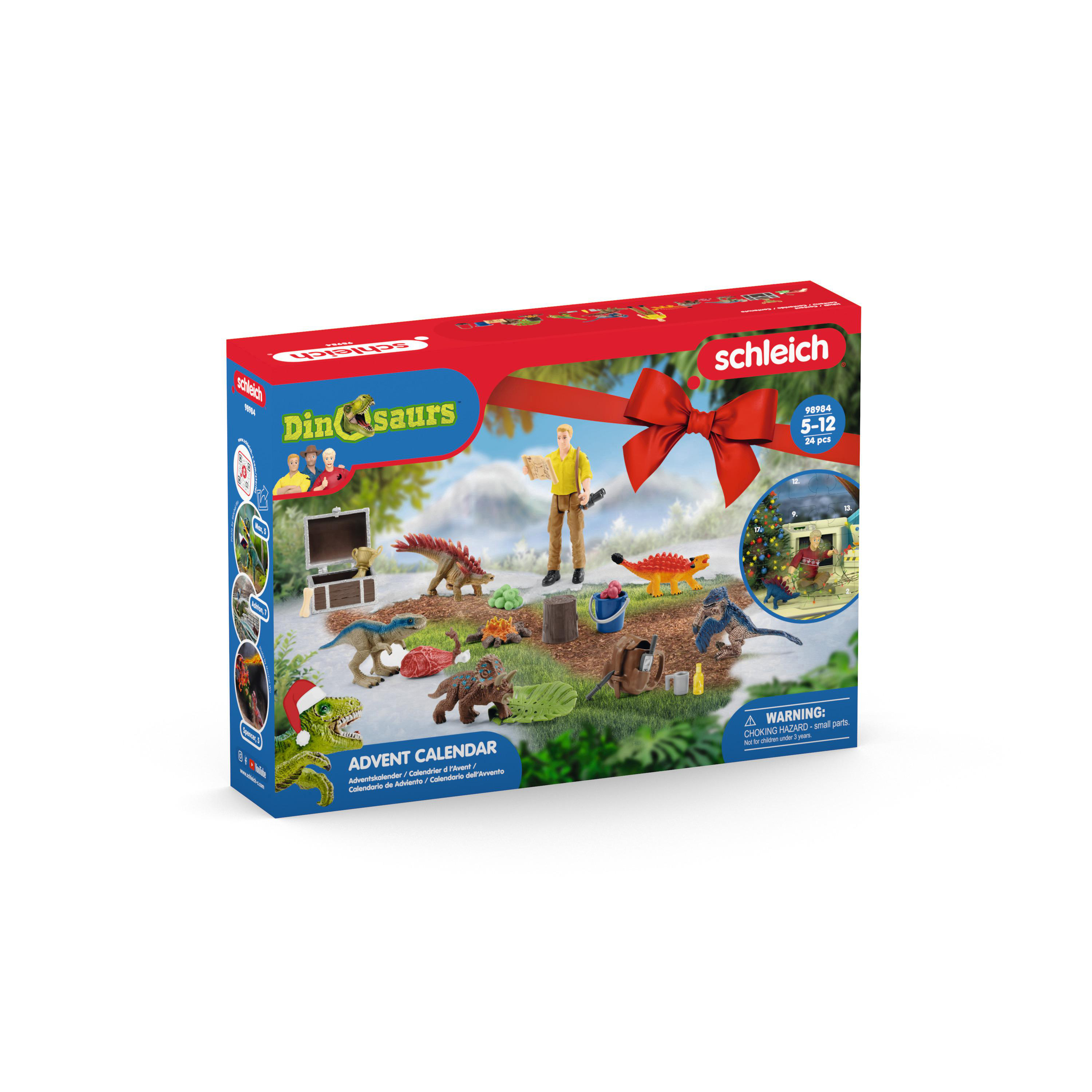 Ein Schleich Adventskalender-Set. Enthält Dinosaurier, einen Mann und diverses Zubehör.