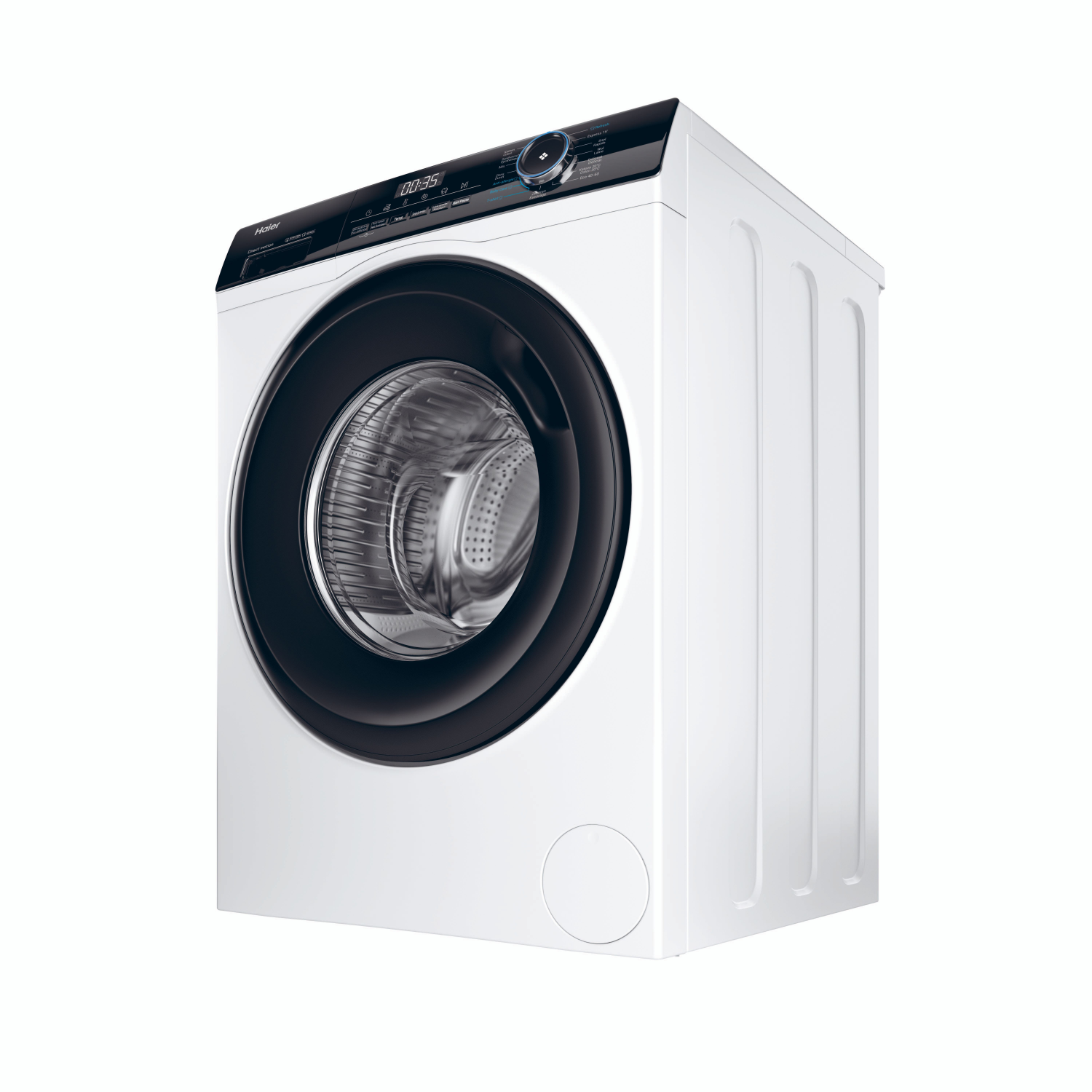 A white Haier washing machine with a black door, angled to the right.