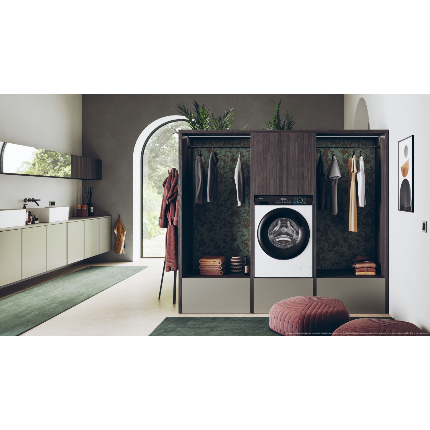 A laundry room with a washer, hanging clothes, green rug, and a window with greenery.
