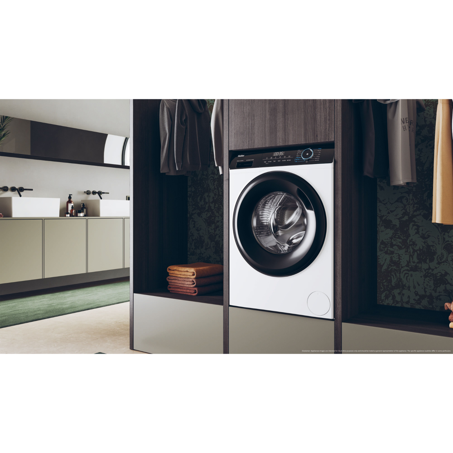 Modern laundry room with a Haier washing machine, towels, and clothing.