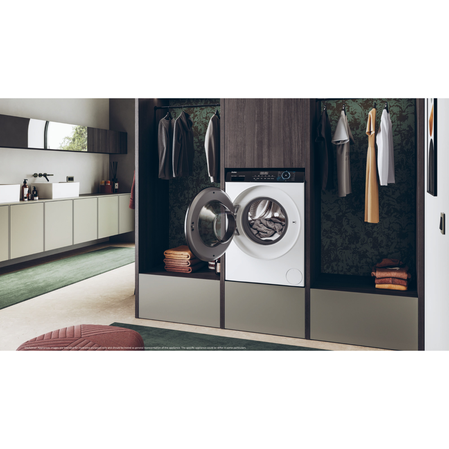 Laundry room with a washing machine. The washing machine is open, revealing the drum.