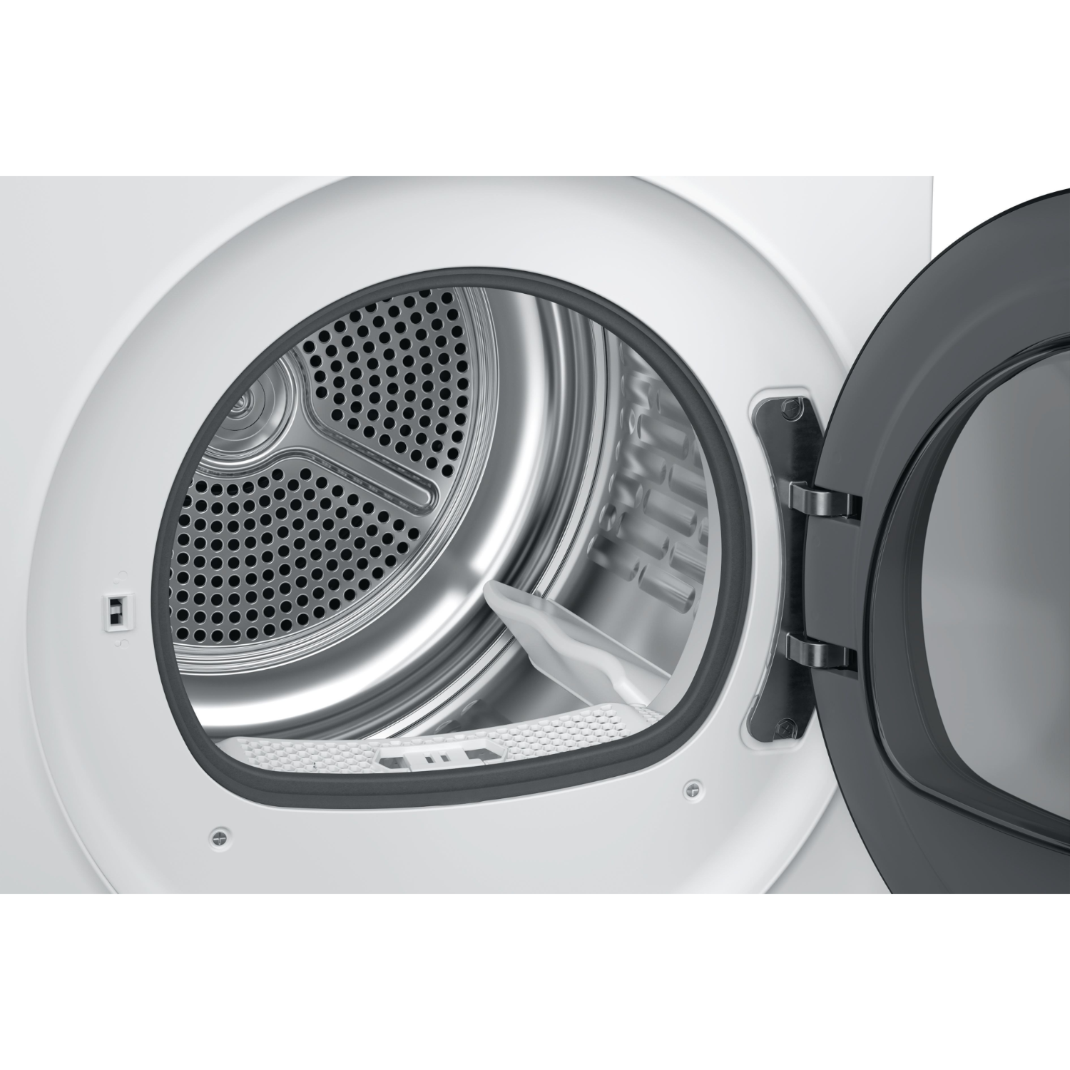 A white dryer machine with an open door, showing its interior.