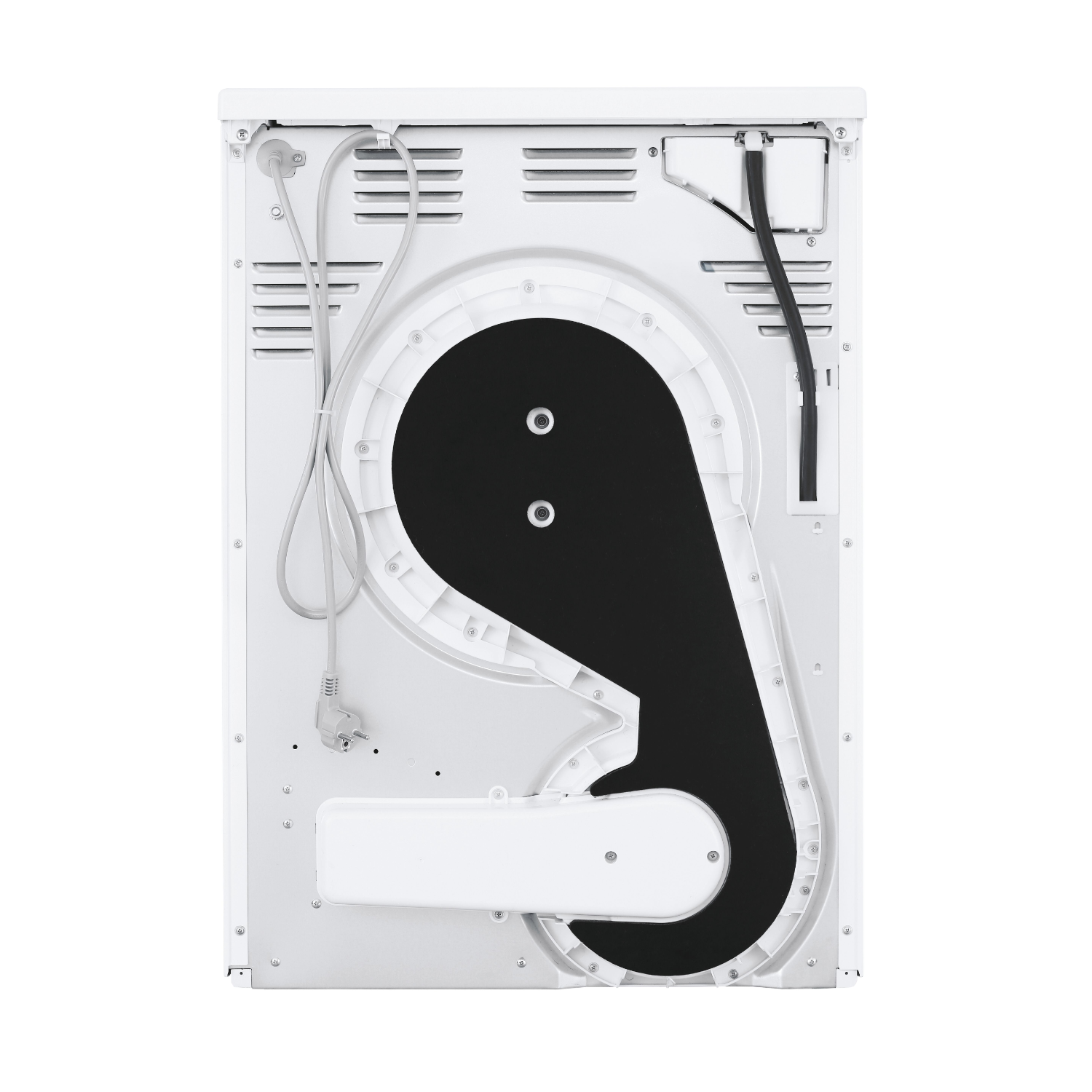 Back view of a white dryer, showing internal components and connections.