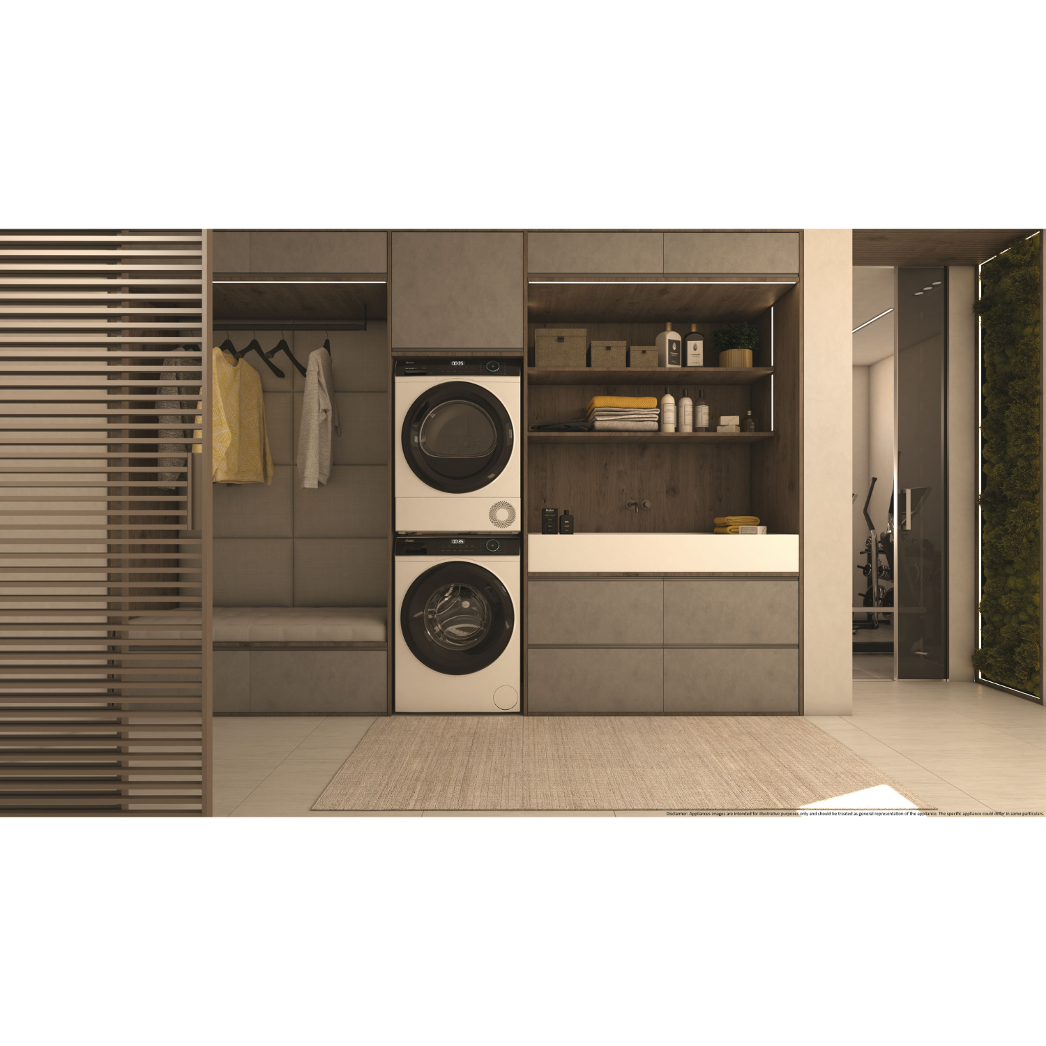 A laundry room setup with a stacked washer and dryer, shelves, and a bench.