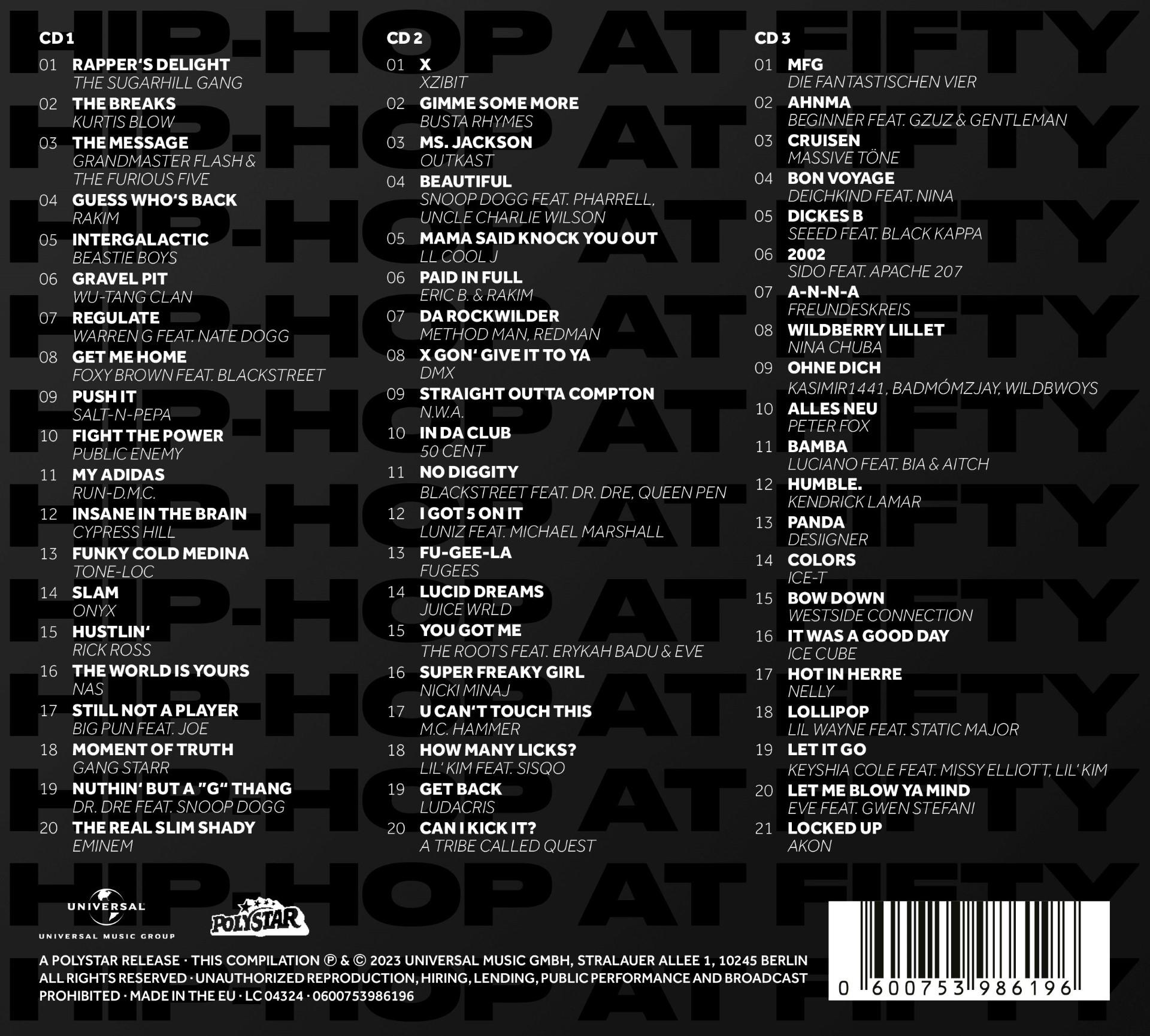 CD-Cover mit Titellisten und Künstlernamen verschiedener Hip-Hop-Künstler auf weißem Hintergrund.