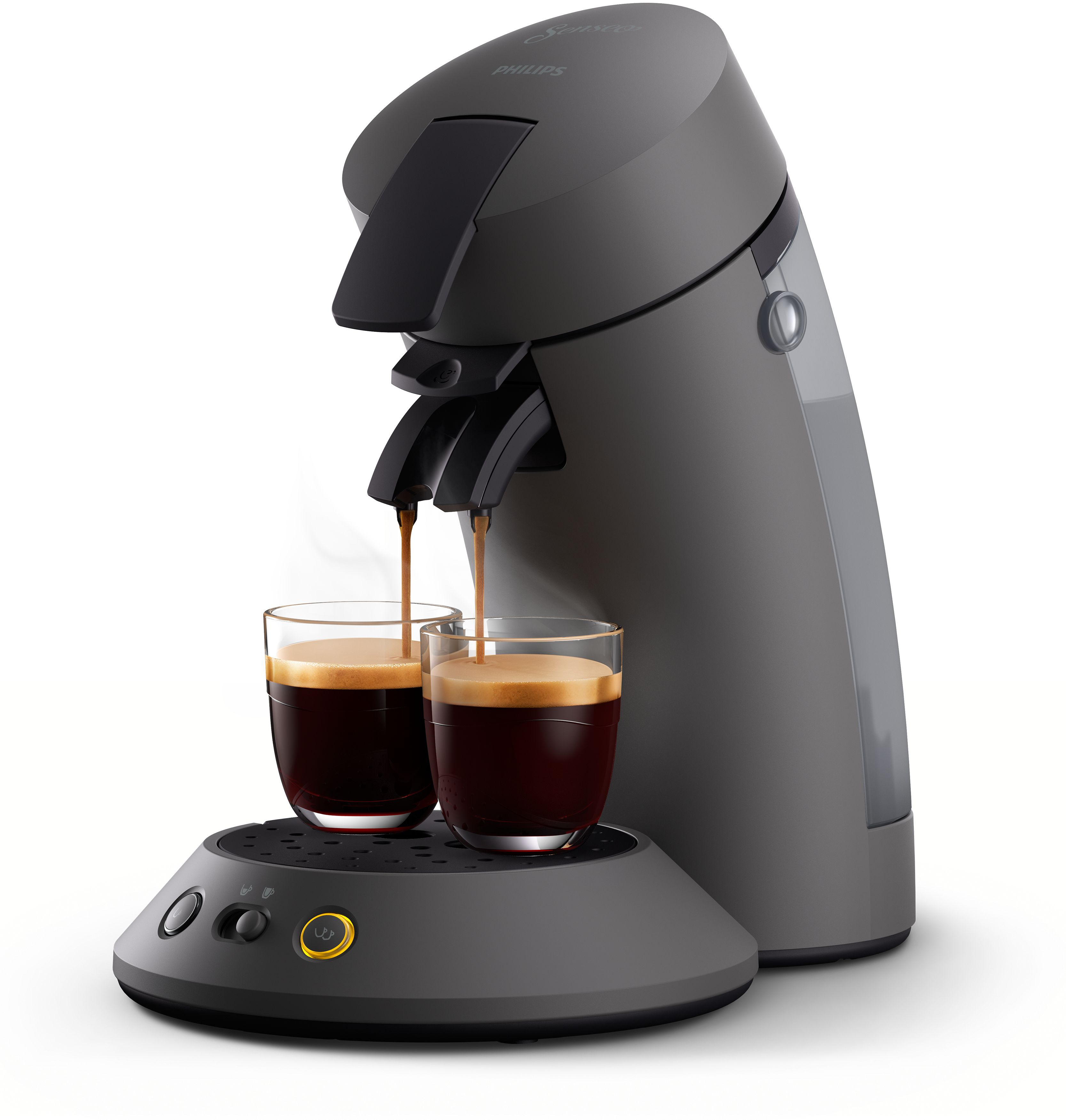Dunkelgraue Kaffeemaschine. Zwei Gläser mit Kaffee stehen unter der Maschine. Weißer Hintergrund.