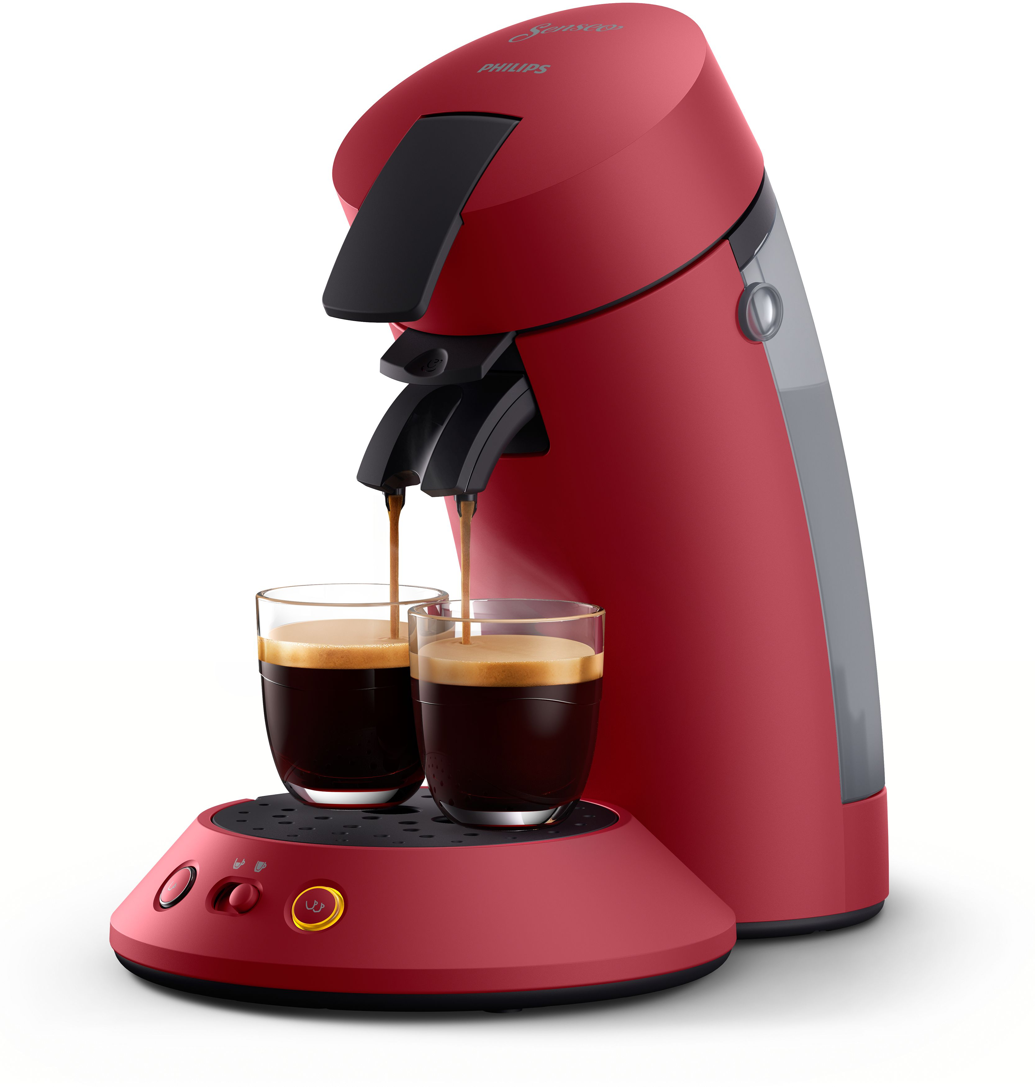 Rote Philips Senseo Kaffeemaschine. Zwei Gläser sind mit Kaffee gefüllt.