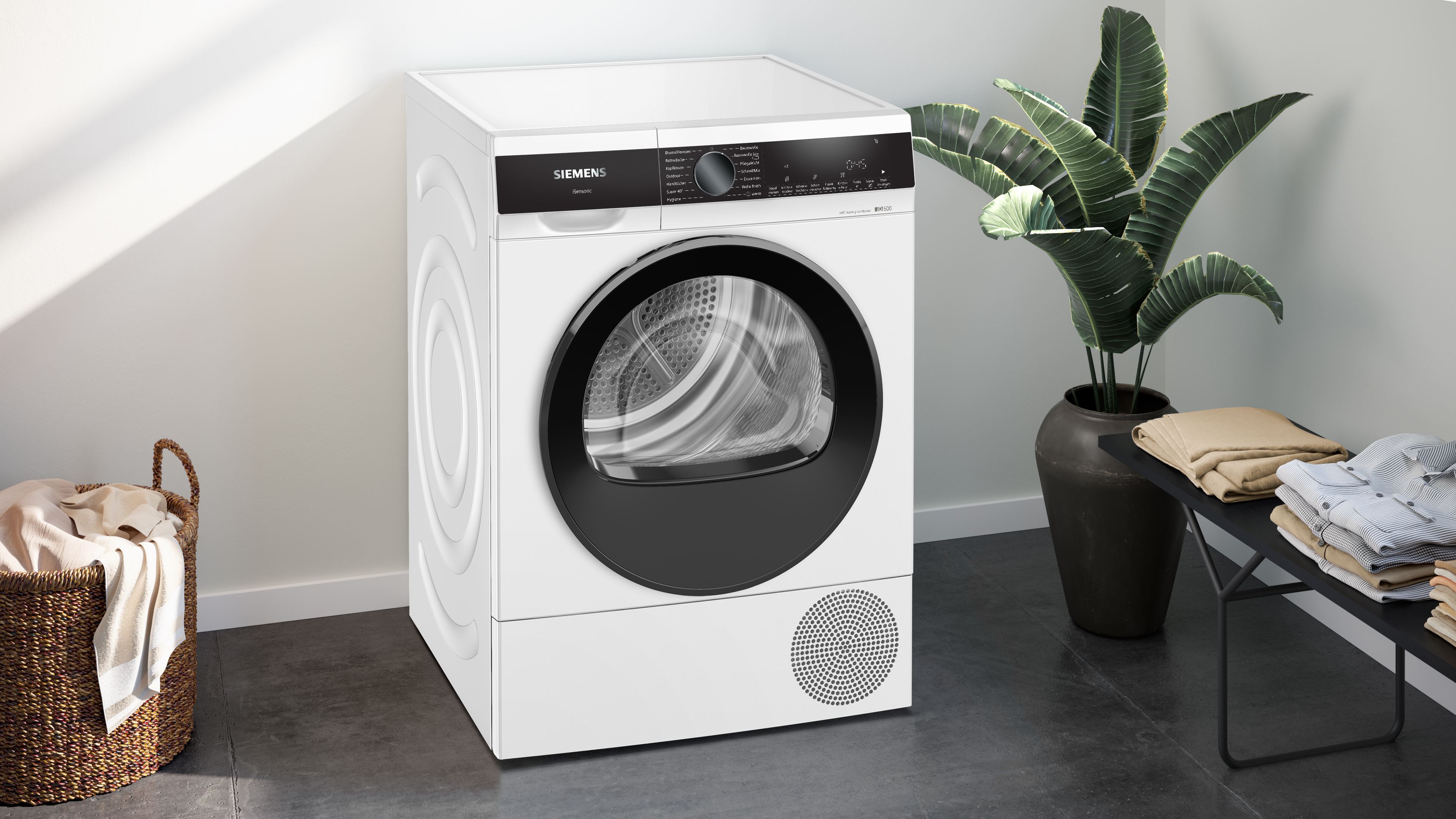 Weiße Waschmaschine mit schwarzer Tür, neben einer Pflanze.