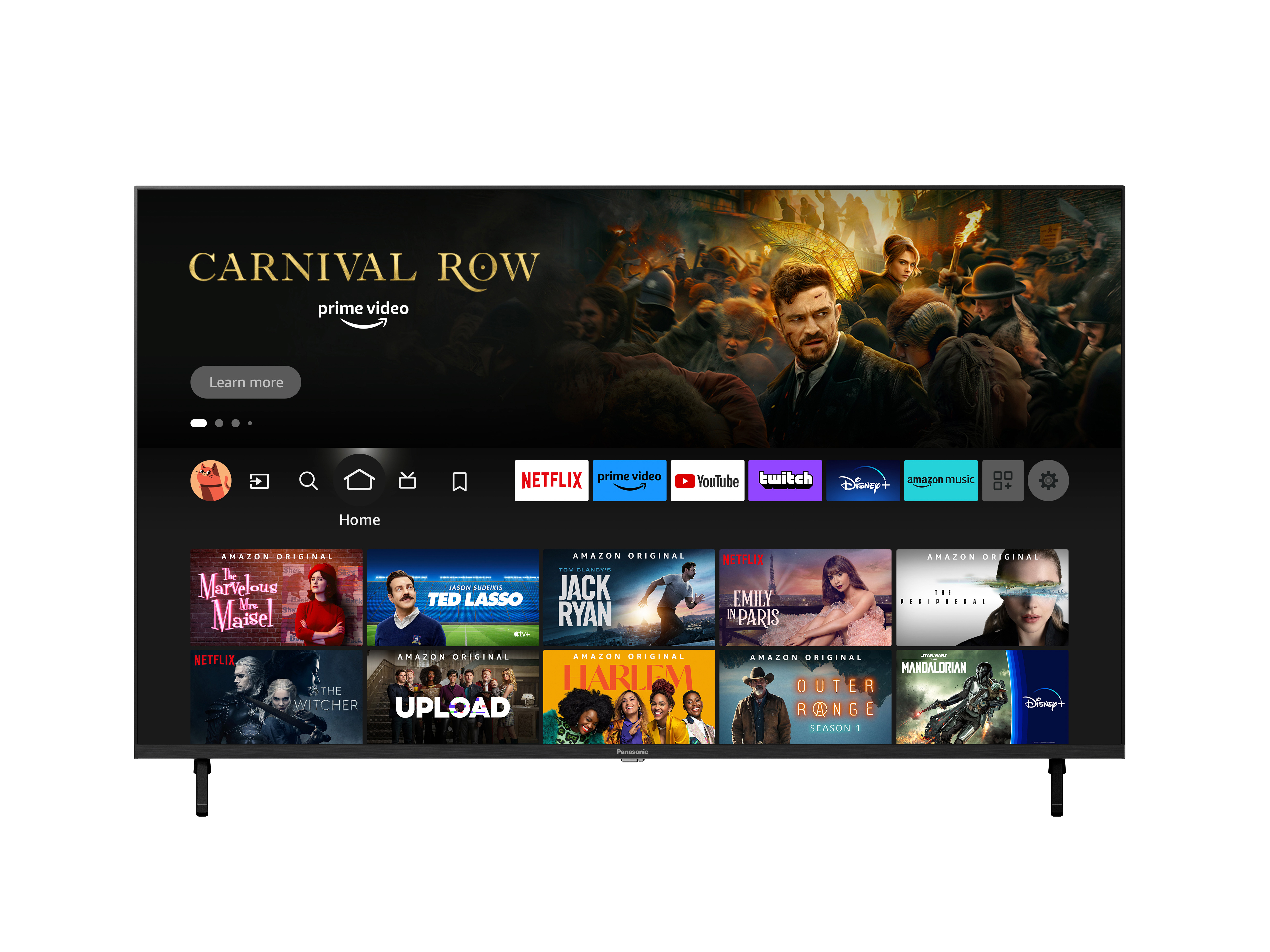 Flachbildfernseher, der eine Streaming-Dienst-Oberfläche mit verschiedenen Sendungen anzeigt.