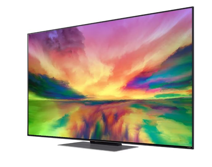 Siyah ayaklı, renkli soyut sanat gösteren TV.