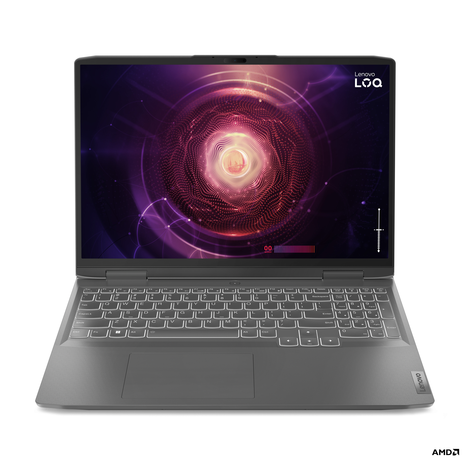 Siyah bir arka planda, renkli, soyut bir tasarım sergileyen bir ekrana sahip bir Lenovo dizüstü bilgisayar.