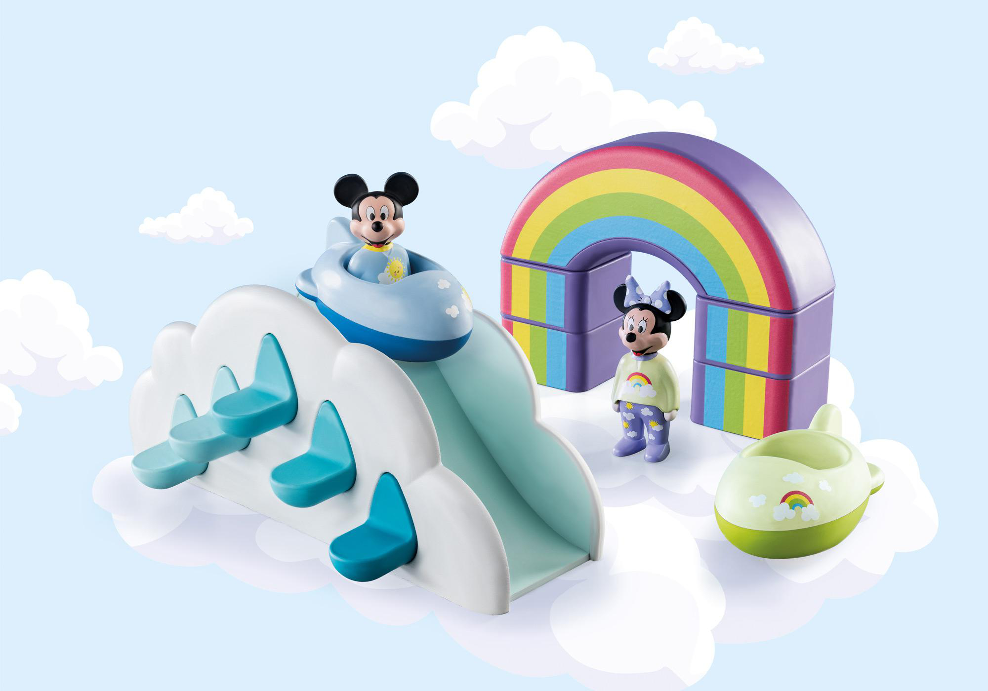 Mickey Mouse und Minnie Mouse Spielzeuge, Regenbogen und Wolkenrutsche.