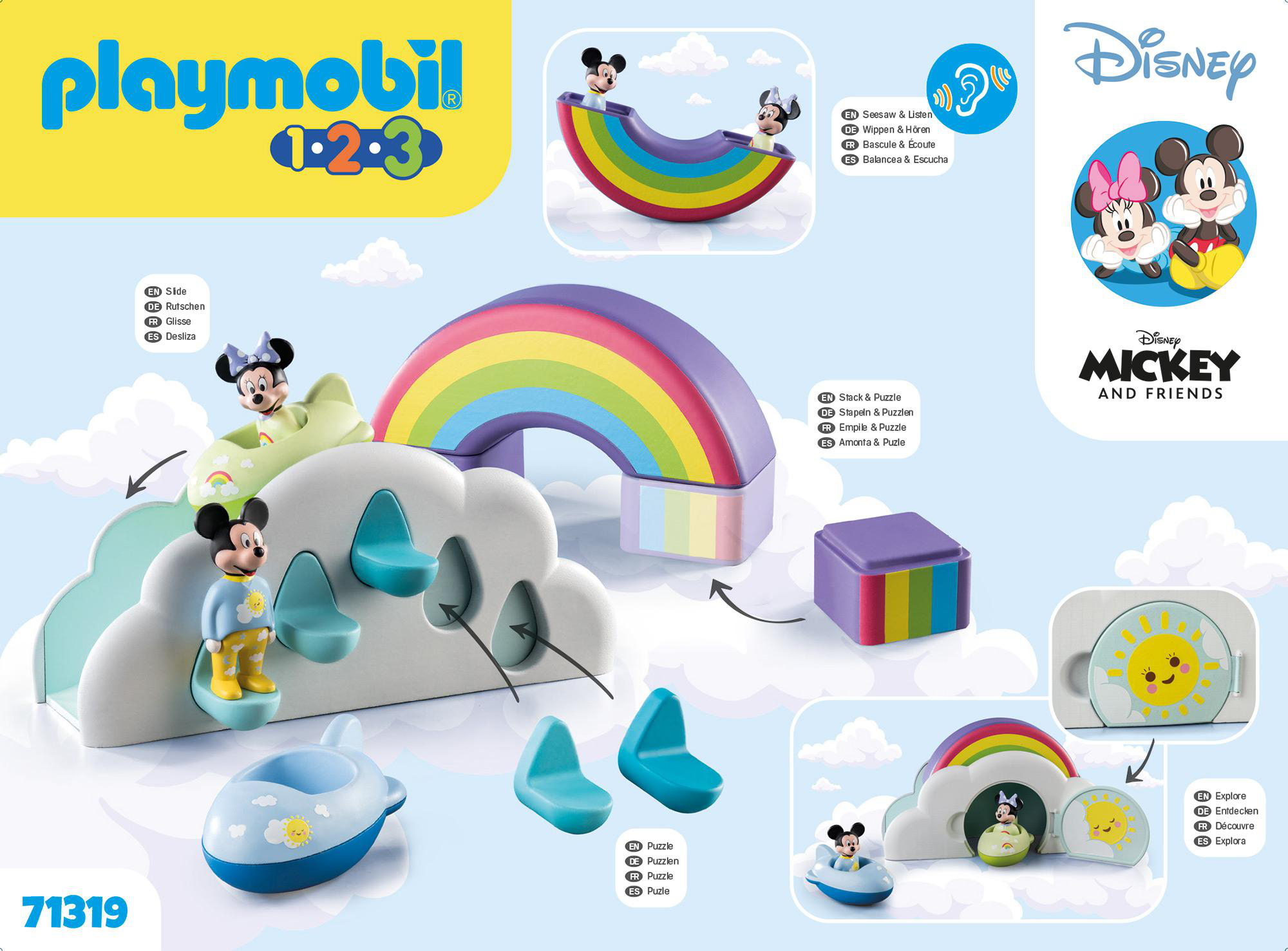 Playmobil 1-2-3 Disney Mickey and Friends Spielset. Enthält Mickey Mouse, Regenbogenrutsche und andere Elemente.
