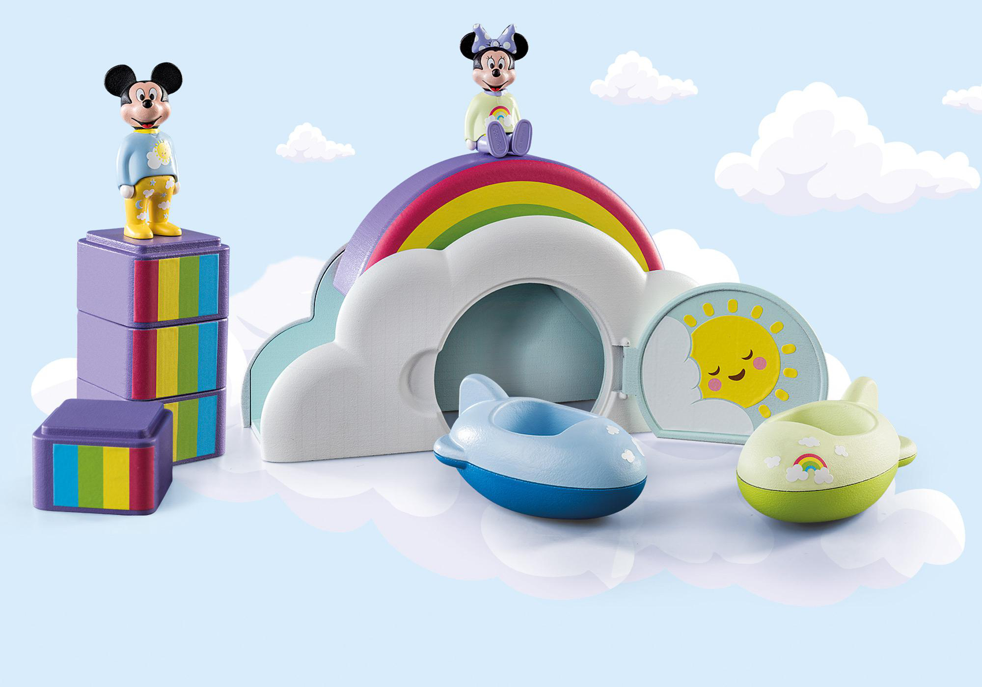 Micky und Minnie Maus Figuren mit einem Regenbogen-Spielset und Zubehör.
