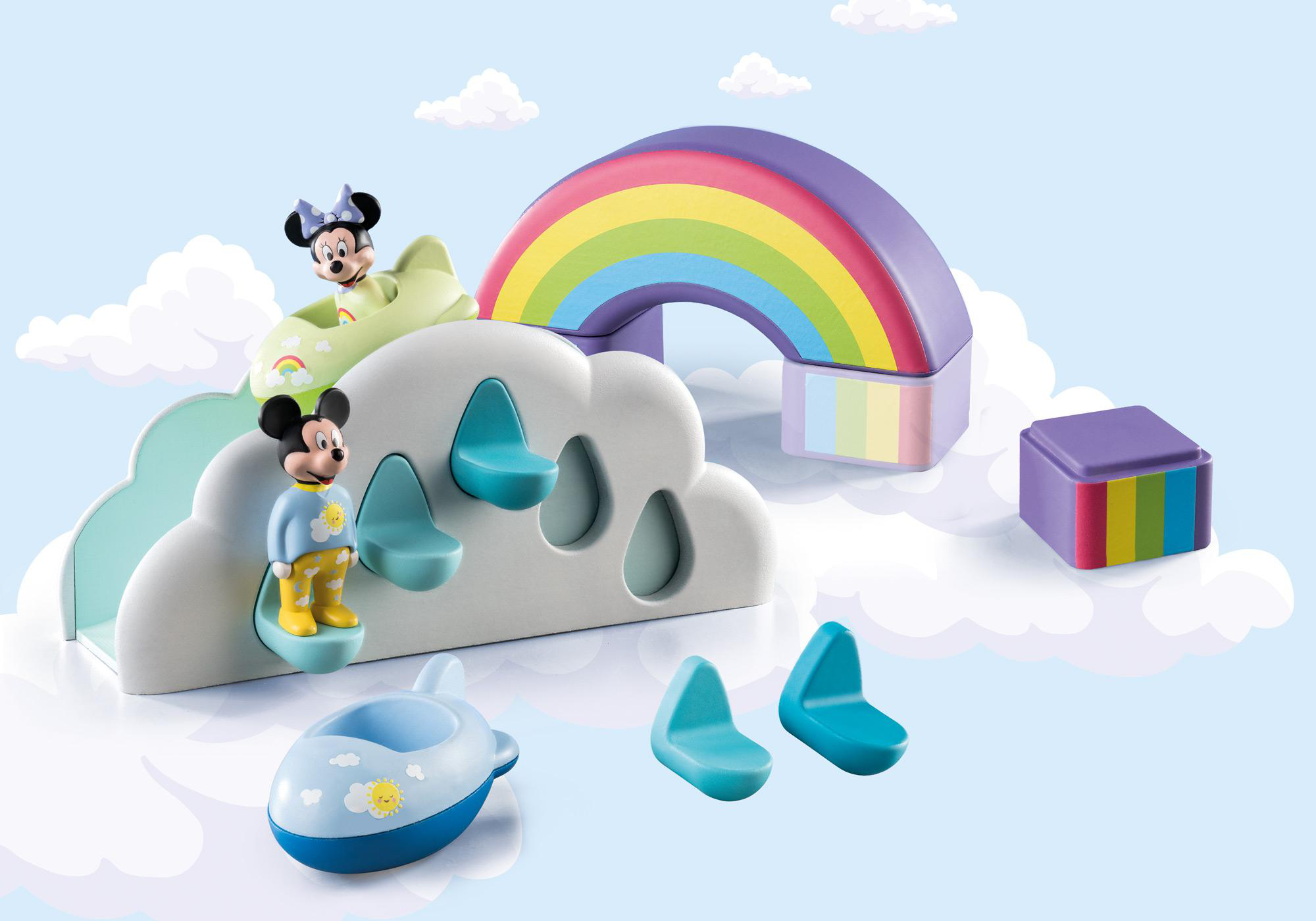 Mickey- und Minnie-Mouse-Spielzeuge mit Regenbogen und Wolken in einer Szene.