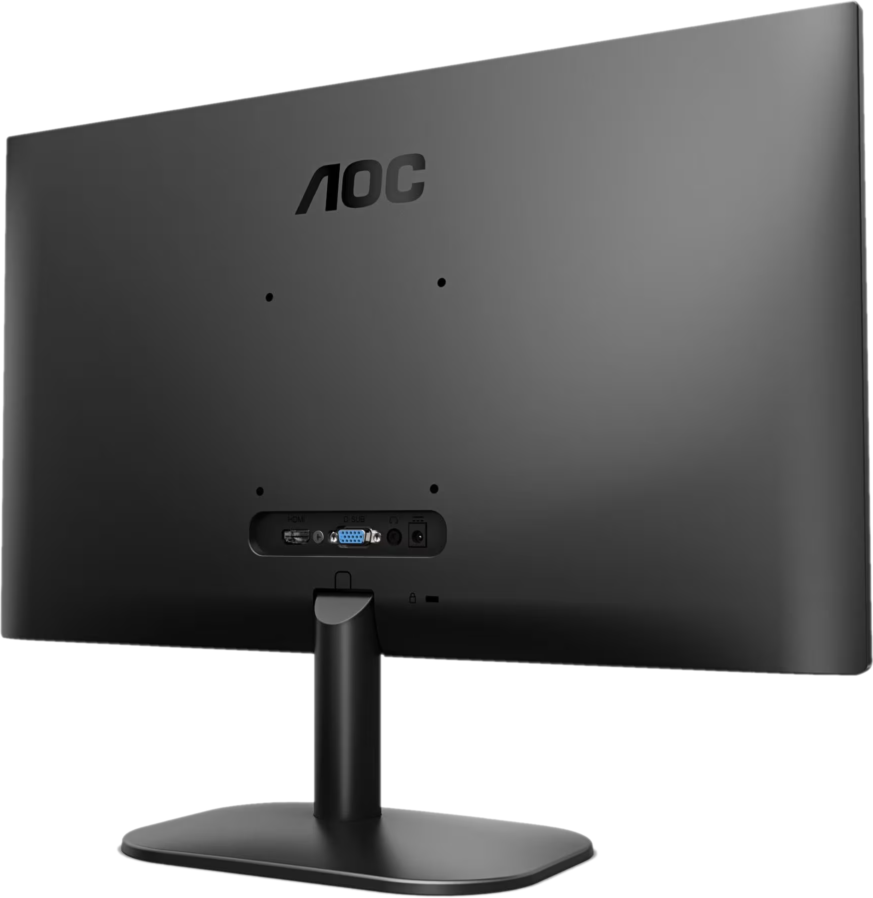 Monitor AOC nero. Vista posteriore, con porte e supporto.