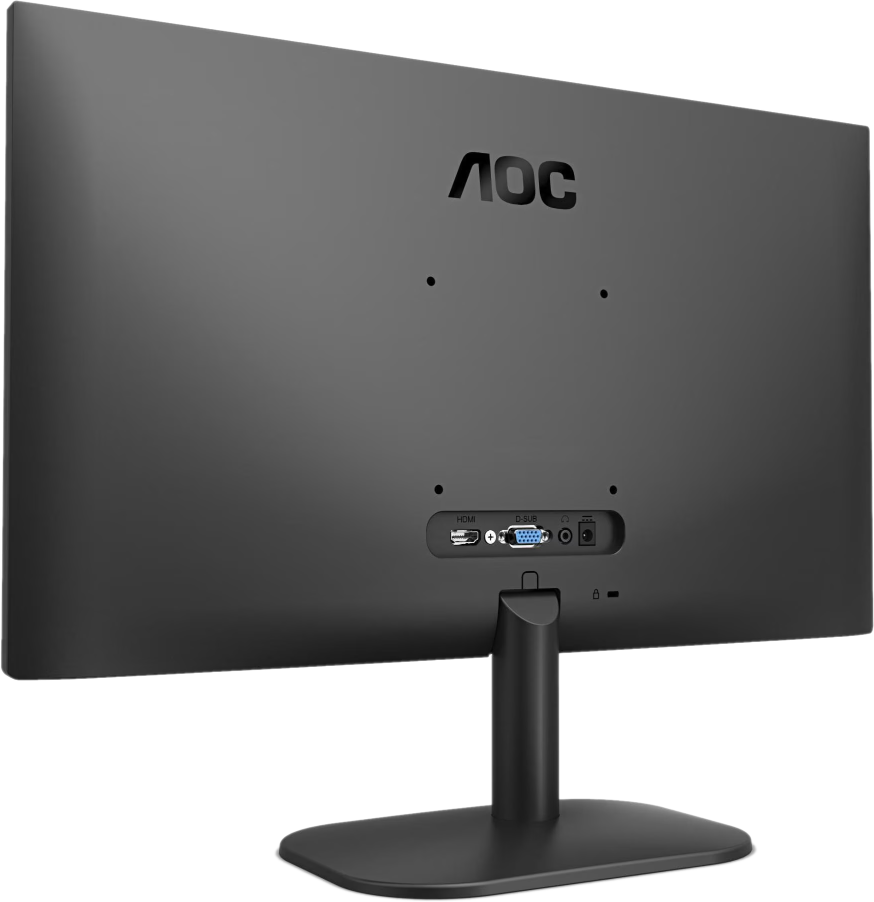 Retro di un monitor AOC nero, con porte e supporto.