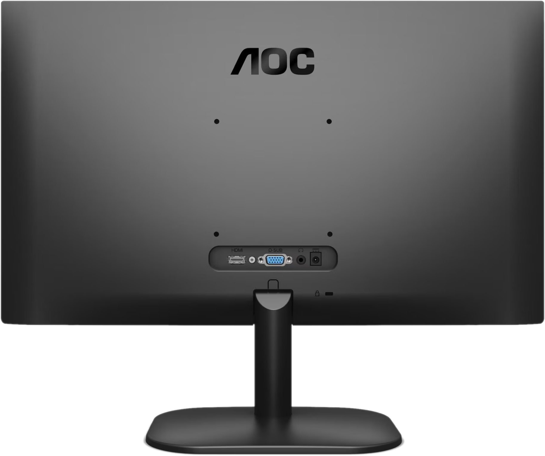 Retro di un monitor AOC nero. Porte HDMI, VGA e alimentazione visibili. Logo AOC sopra.