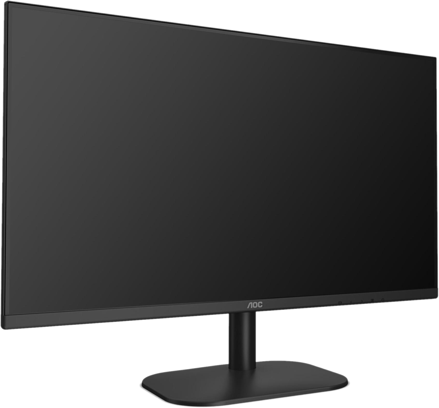 Un monitor AOC nero con un ampio schermo e un supporto nero. Lo schermo è acceso.