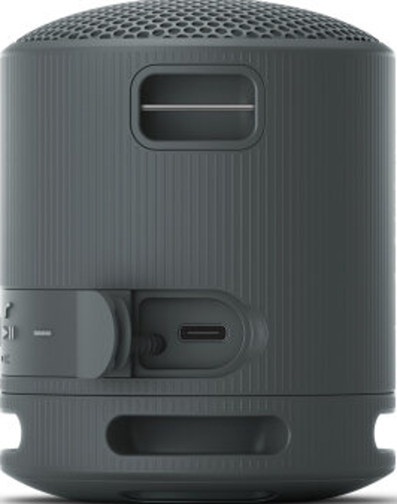 Dunkelgrauer zylindrischer Lautsprecher mit Griff und USB-C-Anschluss.