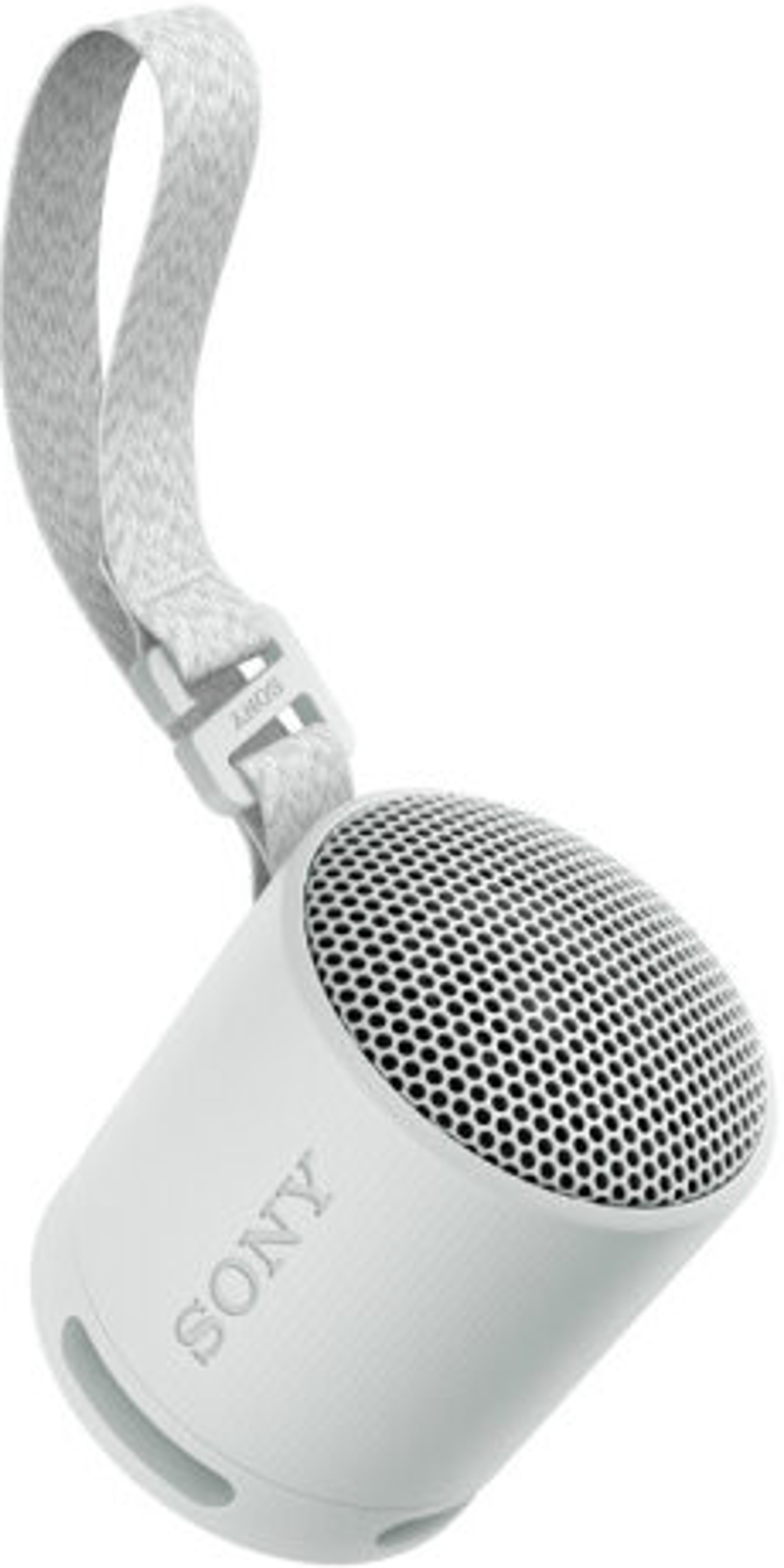 Un haut-parleur Sony blanc et cylindrique avec une sangle. Le haut-parleur a une face avant en mesh.