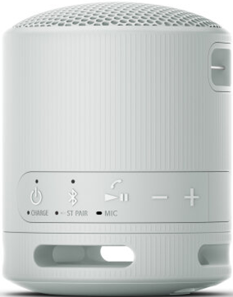 Haut-parleur cylindrique blanc avec boutons de commande. Alimentation, Bluetooth, micro, volume.