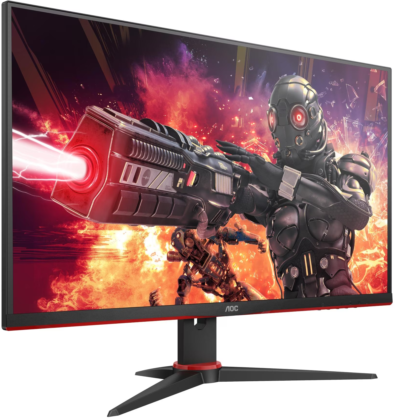 Moniteur AOC avec une scène de jeu futuriste, avec un personnage avec une grande arme.