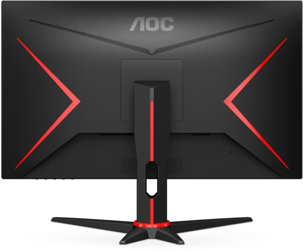 L'arrière d'un écran d'ordinateur noir. Il comporte des accents rouges et le logo AOC.