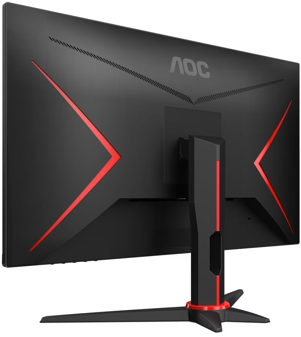 L'arrière d'un moniteur de jeu AOC noir avec des accents de design rouges et un support.