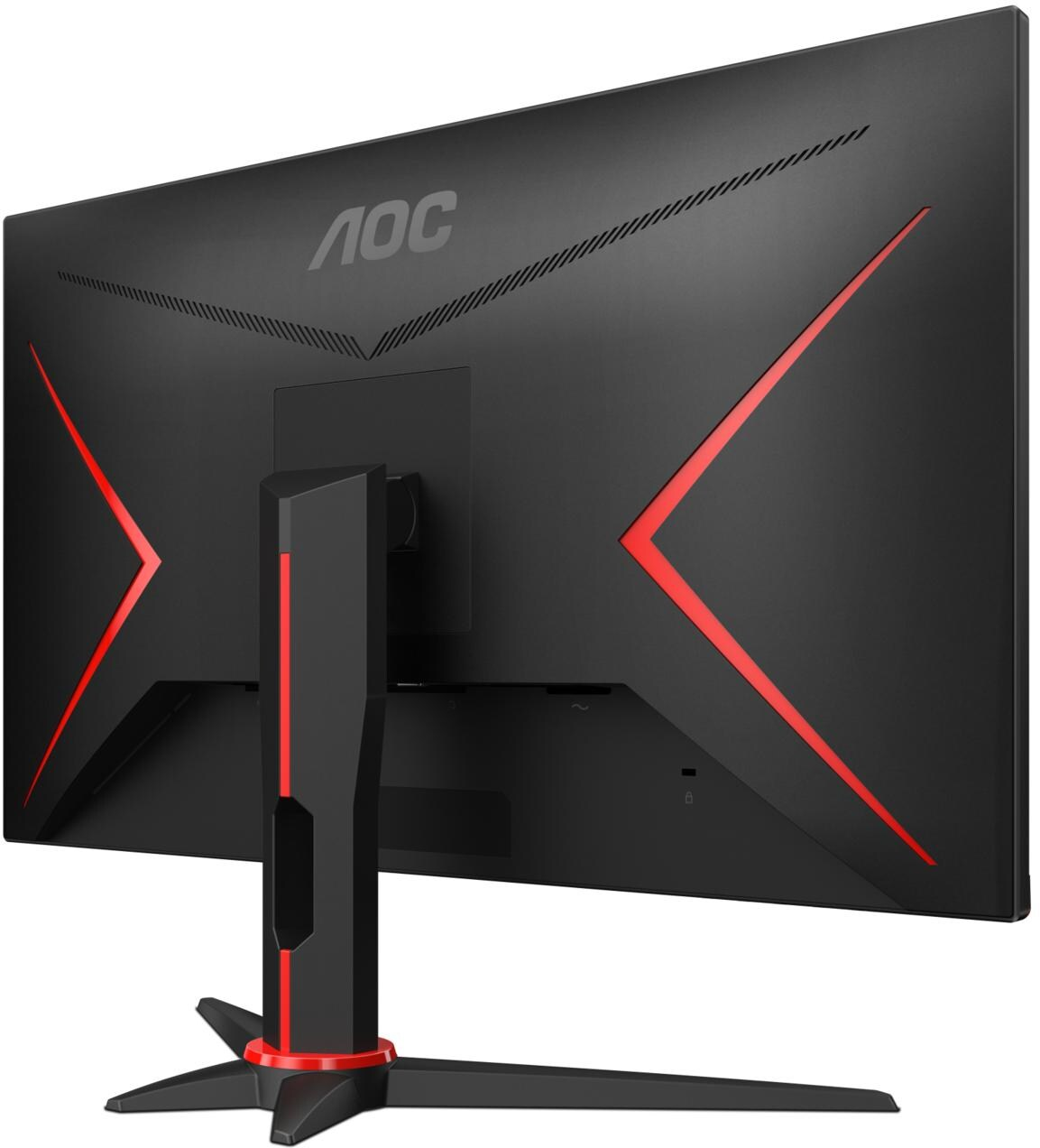 Vue arrière d'un moniteur de jeu noir avec des accents rouges. Le logo AOC est en haut.