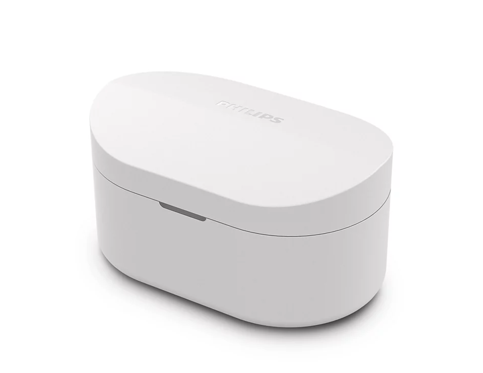 Philips kulaklıklar için beyaz, oval bir şarj kutusu, üstte marka adıyla.