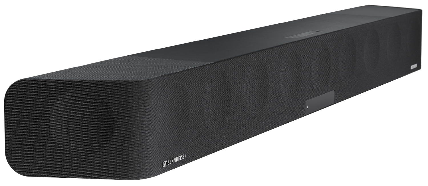 Fekete soundbar lekerekített végekkel. Sennheiser logó.