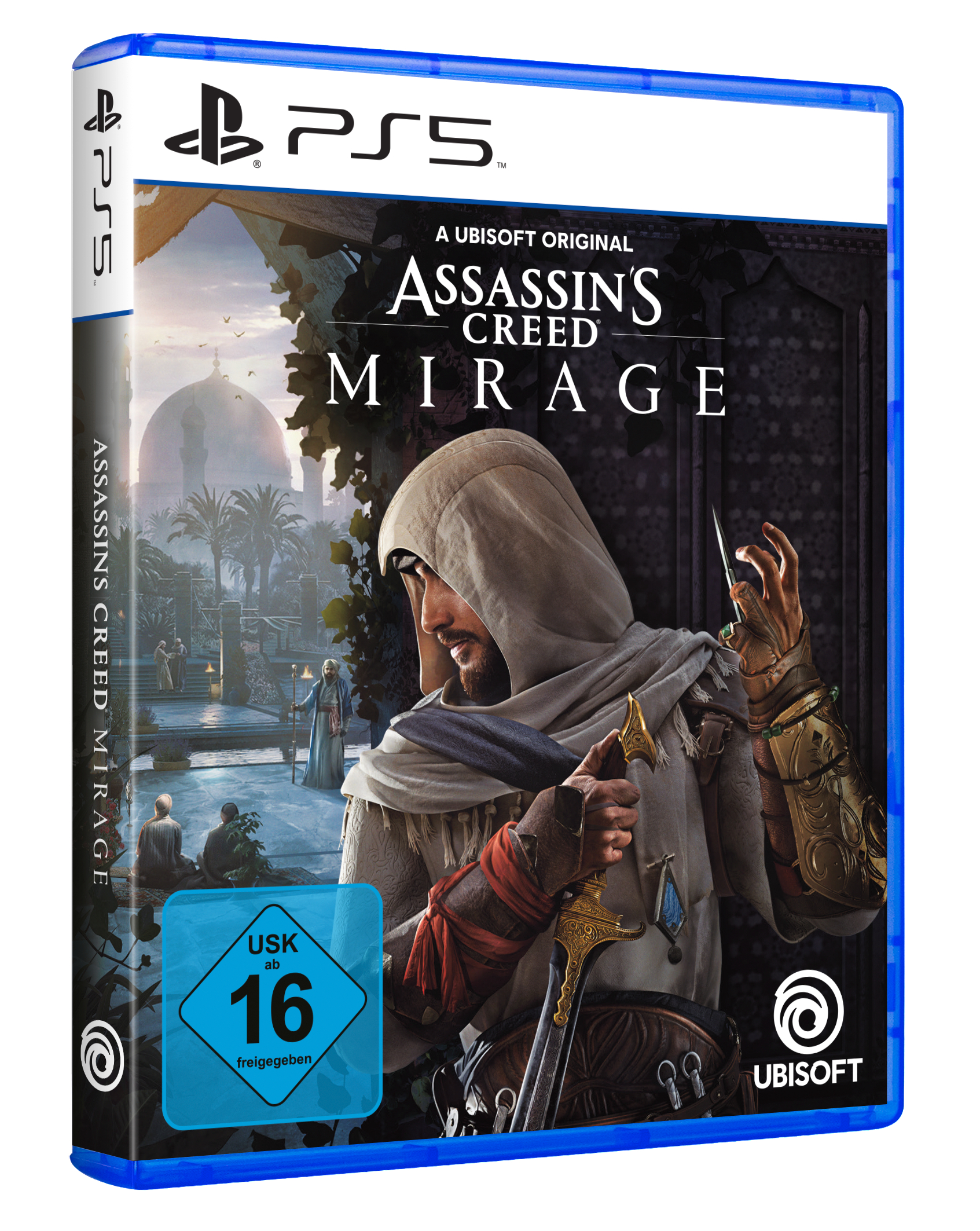 Spielbox für Assassin's Creed Mirage. Mann hält Schwert auf Cover.