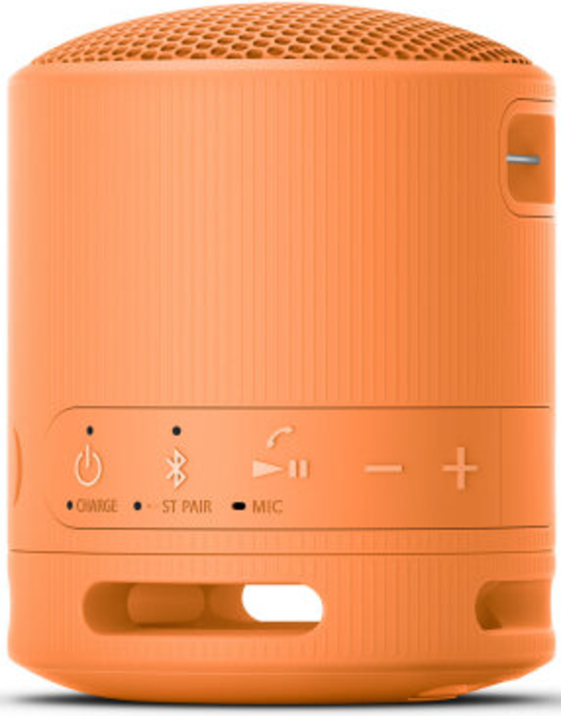 Haut-parleur orange avec commandes. Comprend des boutons pour l'alimentation, Bluetooth et le volume.