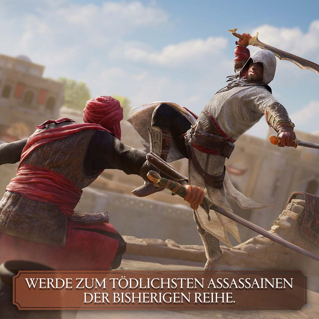 Zwei Attentäter duellieren sich, einer tritt, der andere zieht Schwerter.