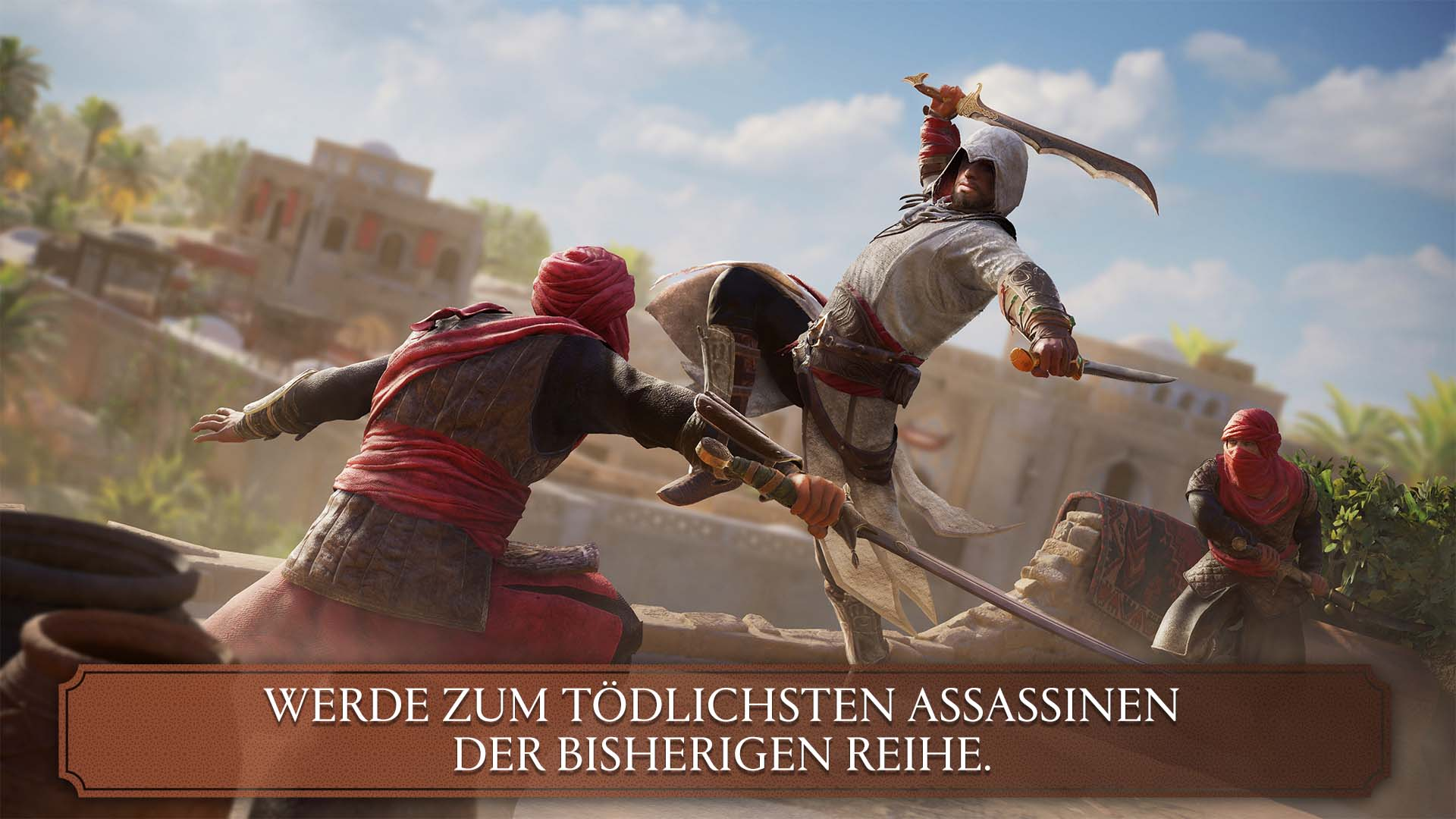 Zwei Charaktere in einem Spiel kämpfen mit Schwertern und Messern. Der Text lautet: „Werde zum tödlichsten Assassinen.“