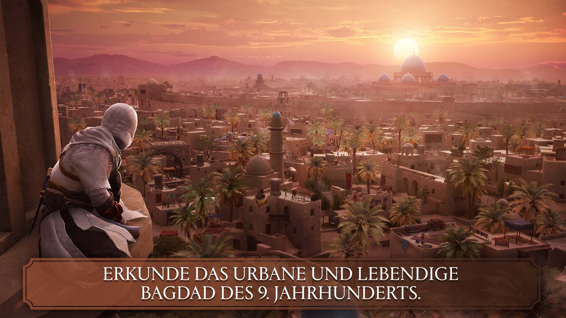 Eine Person betrachtet eine Stadt, Sonnenuntergang.