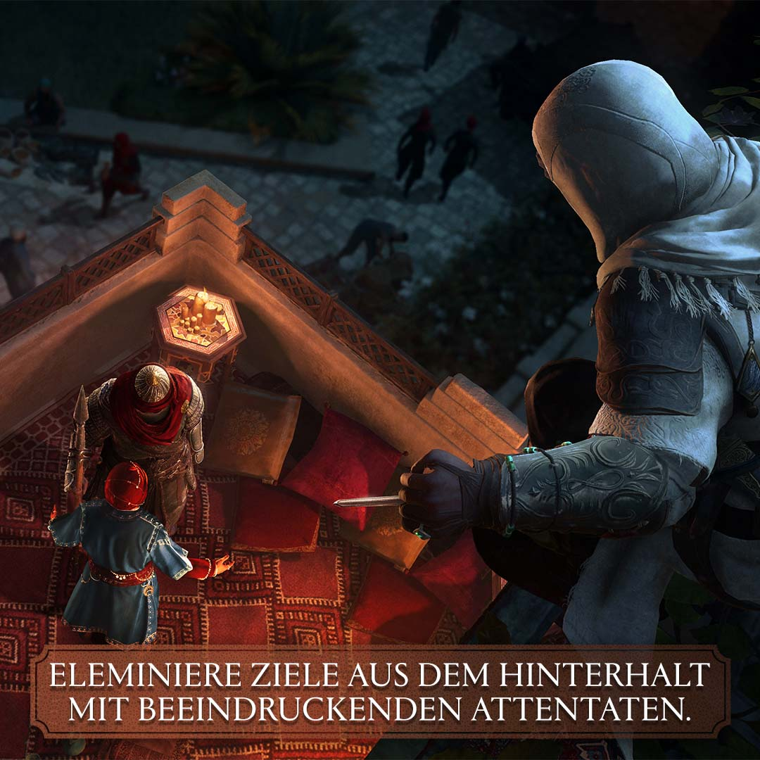 Assassin's Creed-Szene mit Assassinen auf einem Dach, von oben betrachtet, mit Text auf Deutsch.