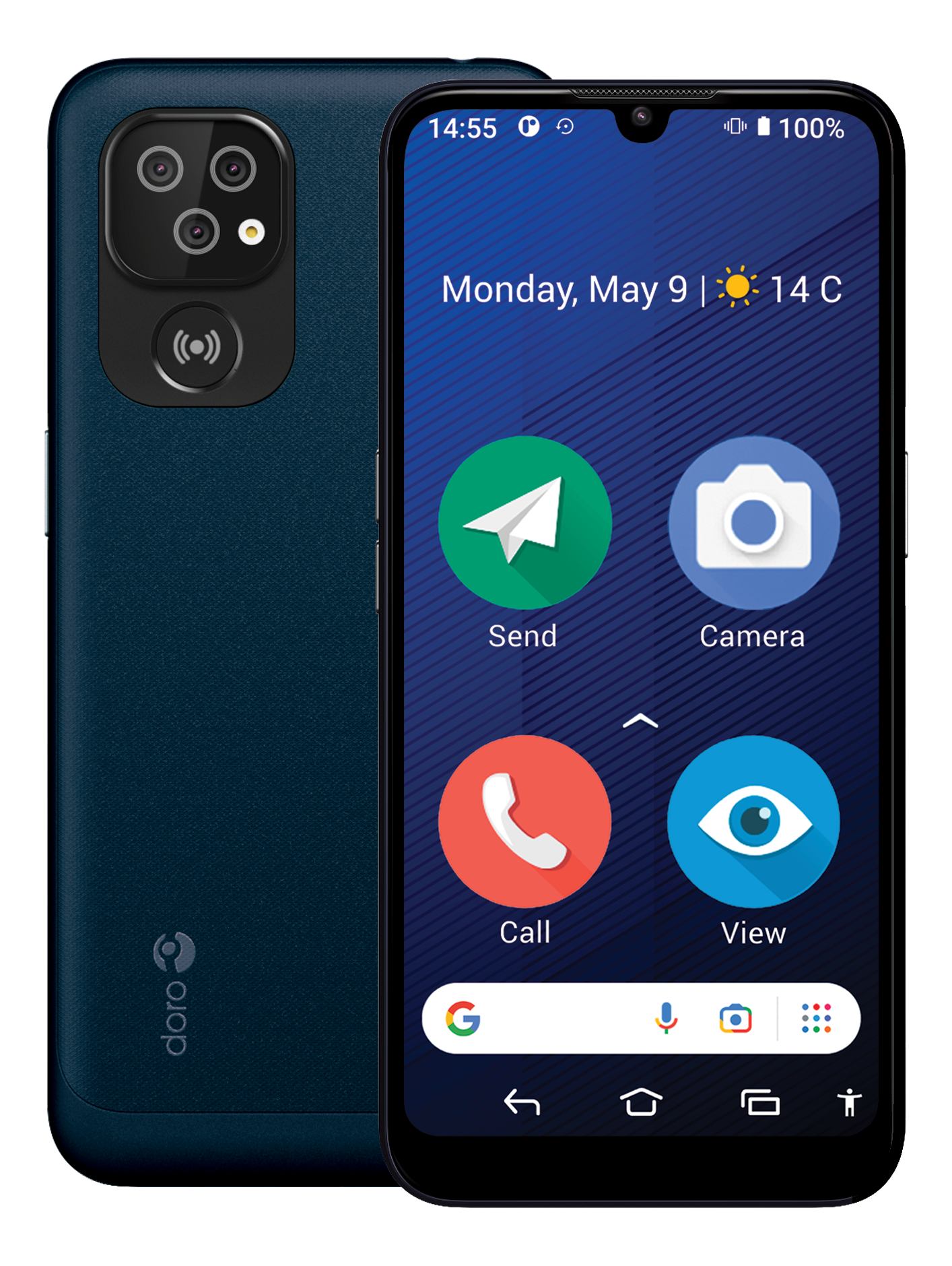 Un smartphone Doro bleu affiche un écran d'accueil avec des icônes d'applications : Envoyer, Appareil photo, Appeler et Afficher.