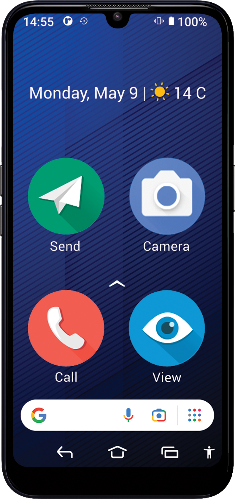 Un écran de smartphone affichant un écran d'accueil avec de grandes icônes pour envoyer, caméra, appeler et voir.