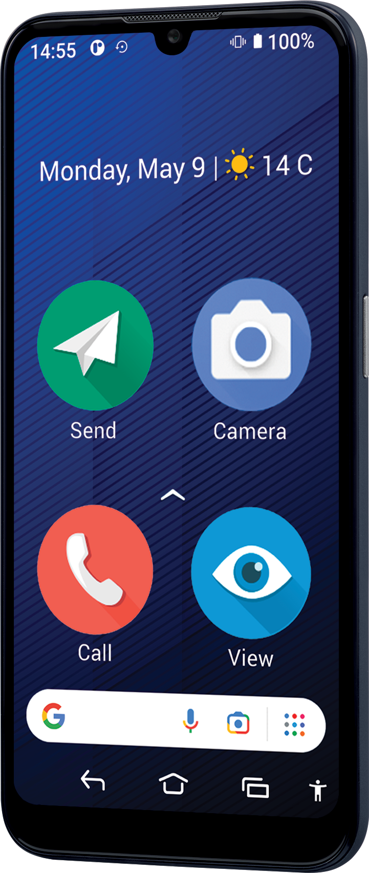 Écran de smartphone. Affiche l'heure, la date, le signal et les icônes d'applications pour appel, appareil photo, envoyer et afficher.