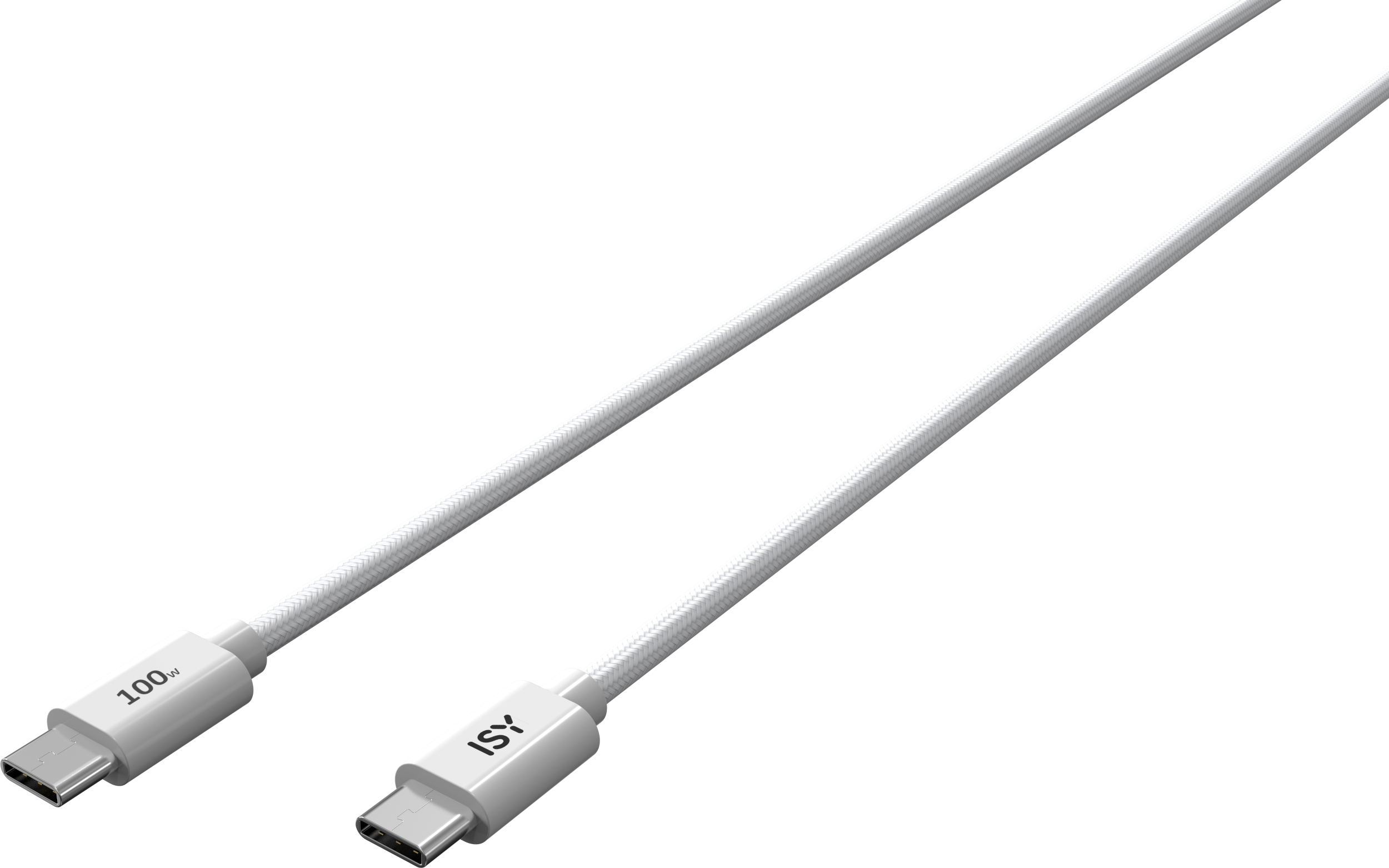 Zwei weiße USB-C-Kabel, abgewinkelt, mit Anschlüssen, auf weißem Hintergrund.