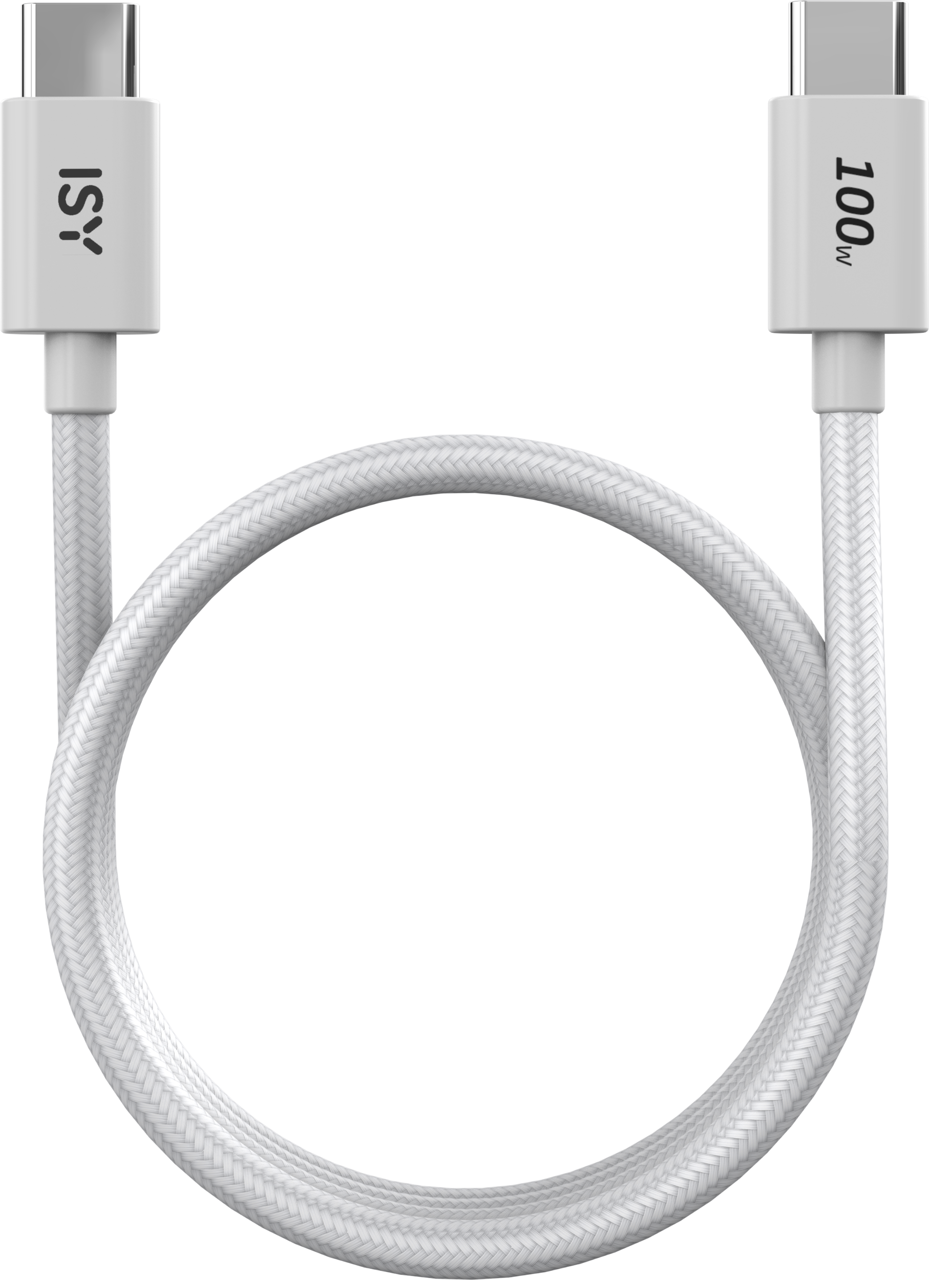 Weißes USB-C-Kabel mit Steckern an jedem Ende. Das Kabel hat eine kreisförmige Form.