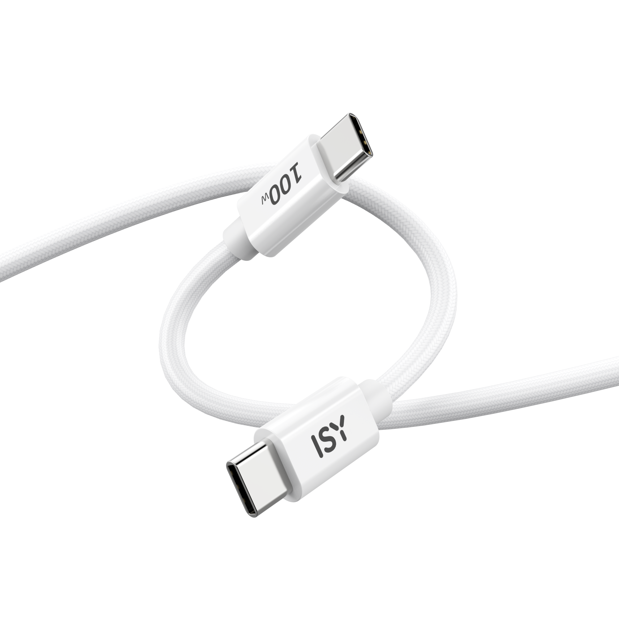Weißes USB-C-Kabel, Anschlüsse an beiden Enden, beschriftet mit '100W' und 'ISY' vor Schwarz.