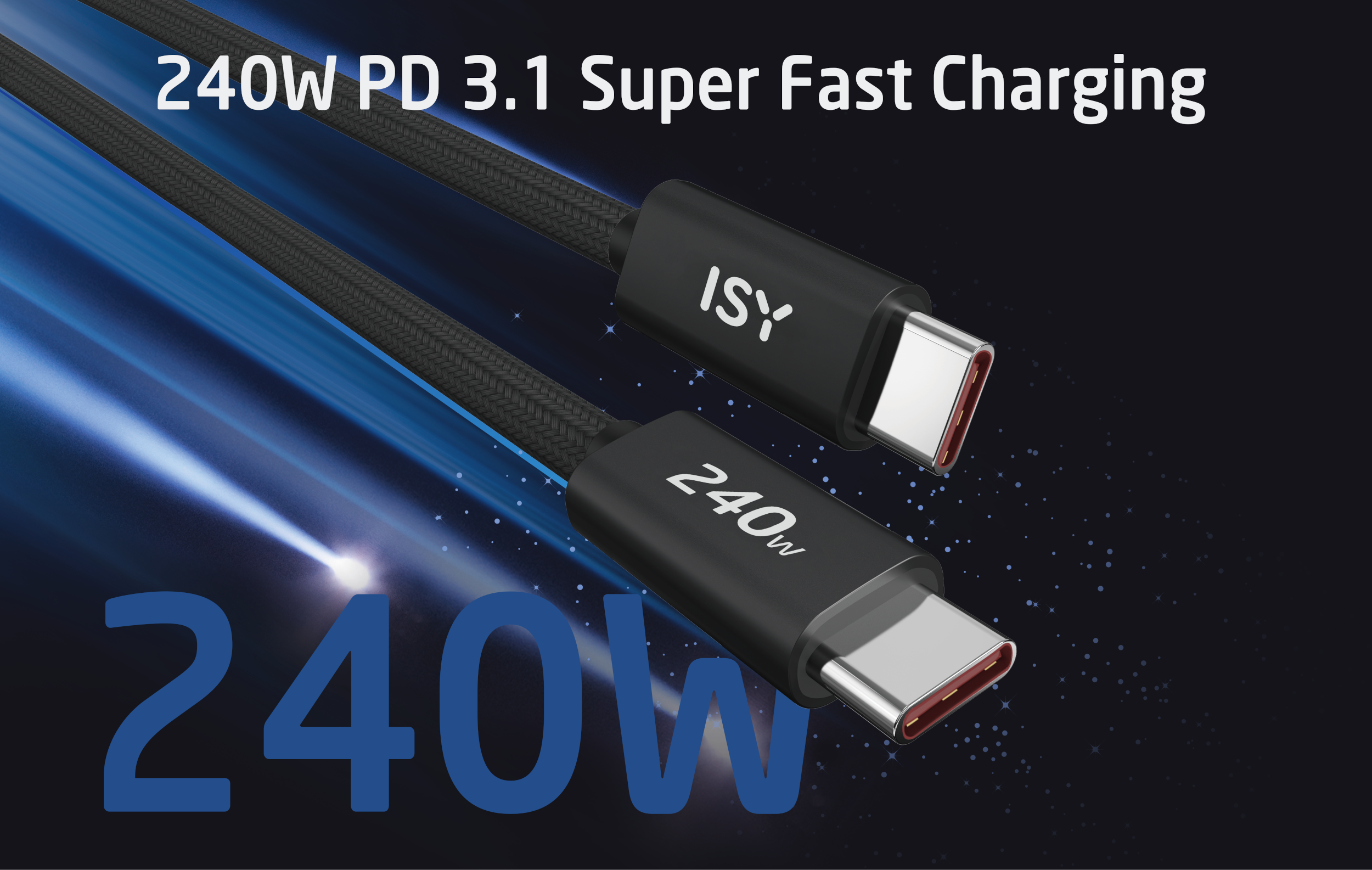 Schwarzes Ladekabel mit 240W-Leistung, USB-C-Anschlüssen und blauem Hintergrund.