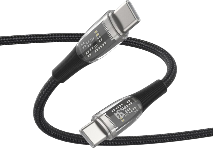 Schwarzes USB-C-Kabel. Transparente Anschlüsse mit sichtbarer Schaltung. Marke ISY am Stecker.