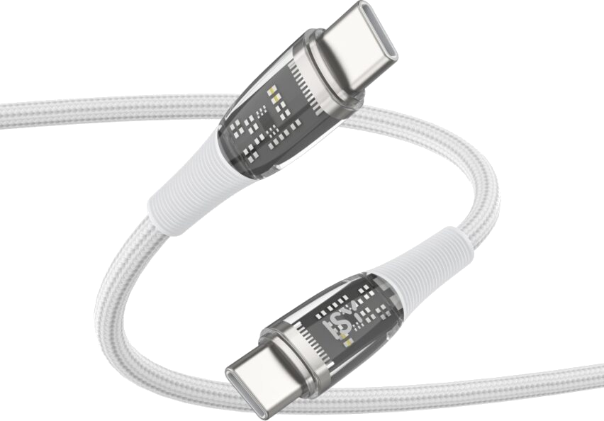 Weißes USB-C-Kabel mit transparenten Steckern. Das Kabel ist weiß, Stecker zeigen interne Schaltkreise.
