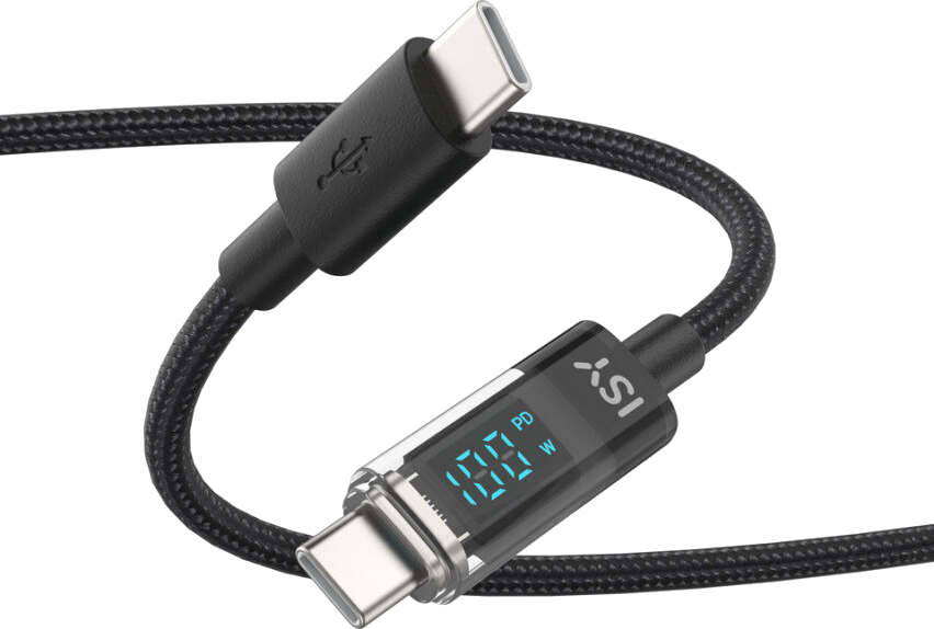 Schwarzes USB-C-Kabel mit digitaler Anzeige, die 100W anzeigt. Geflochtenes schwarzes Kabel.